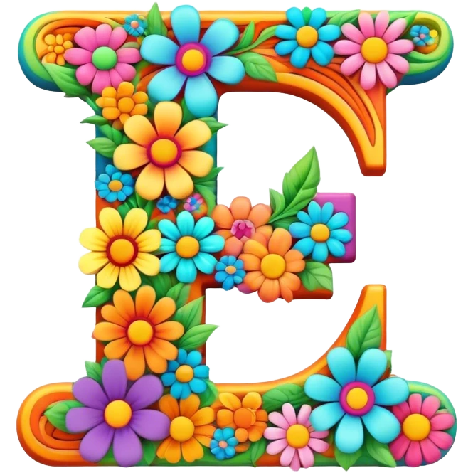 3D style, psychedelic colored Letter F with hippie style flower border emoji