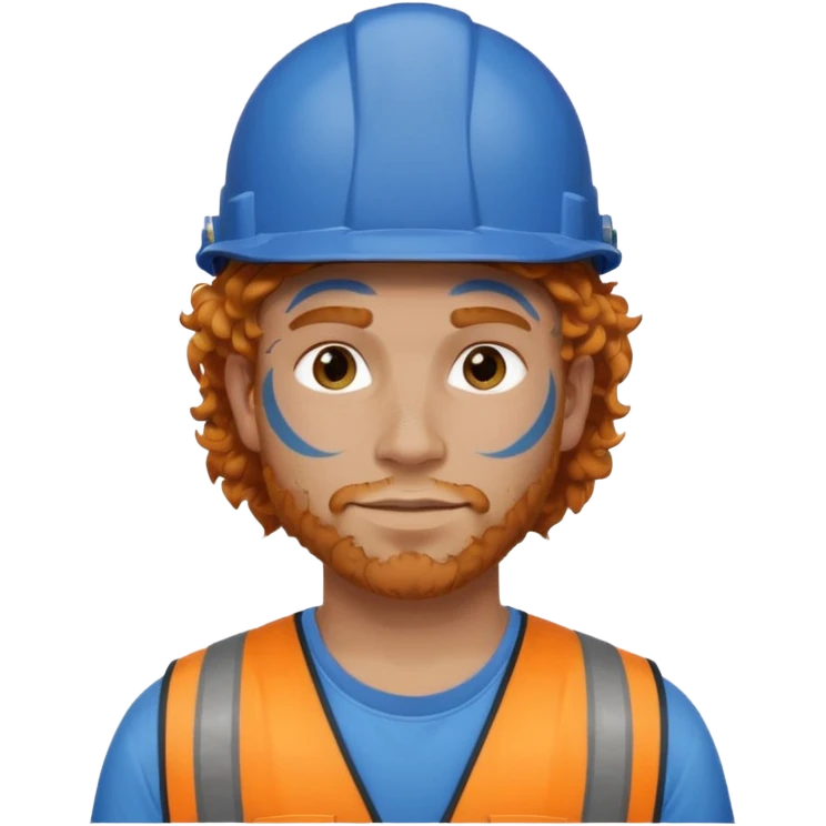 construction worker man ginger curly hair, blue helmet, heavy face tattoo emoji