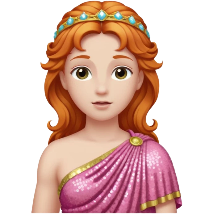 Venus from Roman Deities with long ginger hair, pink sequin toga emoji