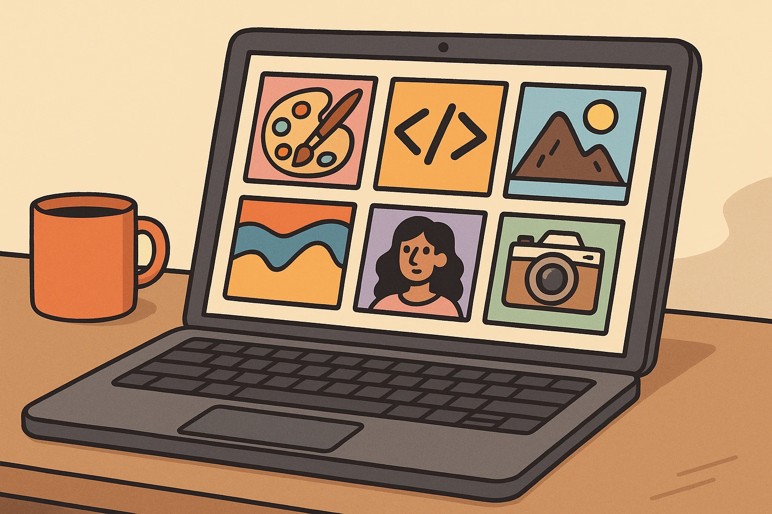 a laptop open on a desk with colorful thumbnails of creative projects such as paintings, code, and photography on the screen, symbolizing a personal portfolio website, flat toon style emoji