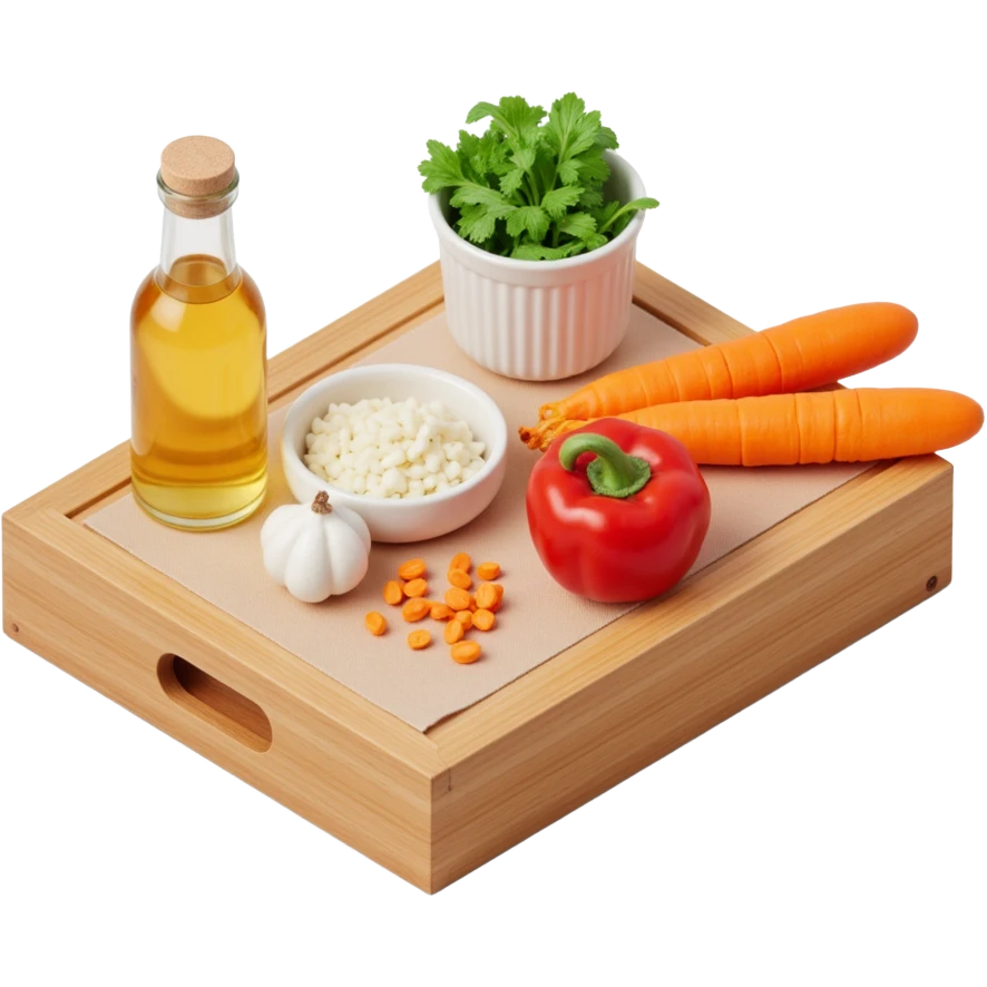 Ingredients on teh wooden cutting board with floating list emoji