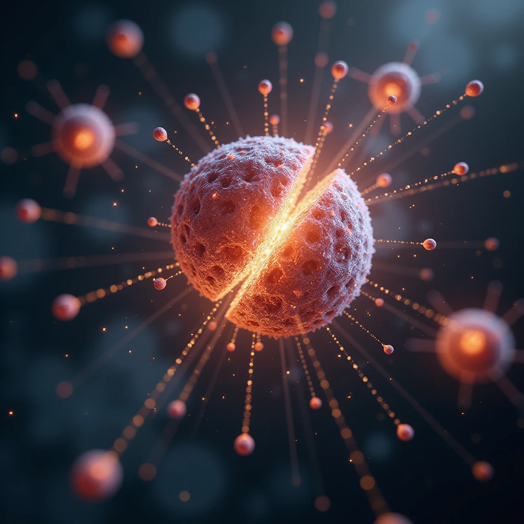 photorealistic image of atoms splitting, showing the nucleus dividing, energetic release, glowing particles, dynamic scientific scene emoji
