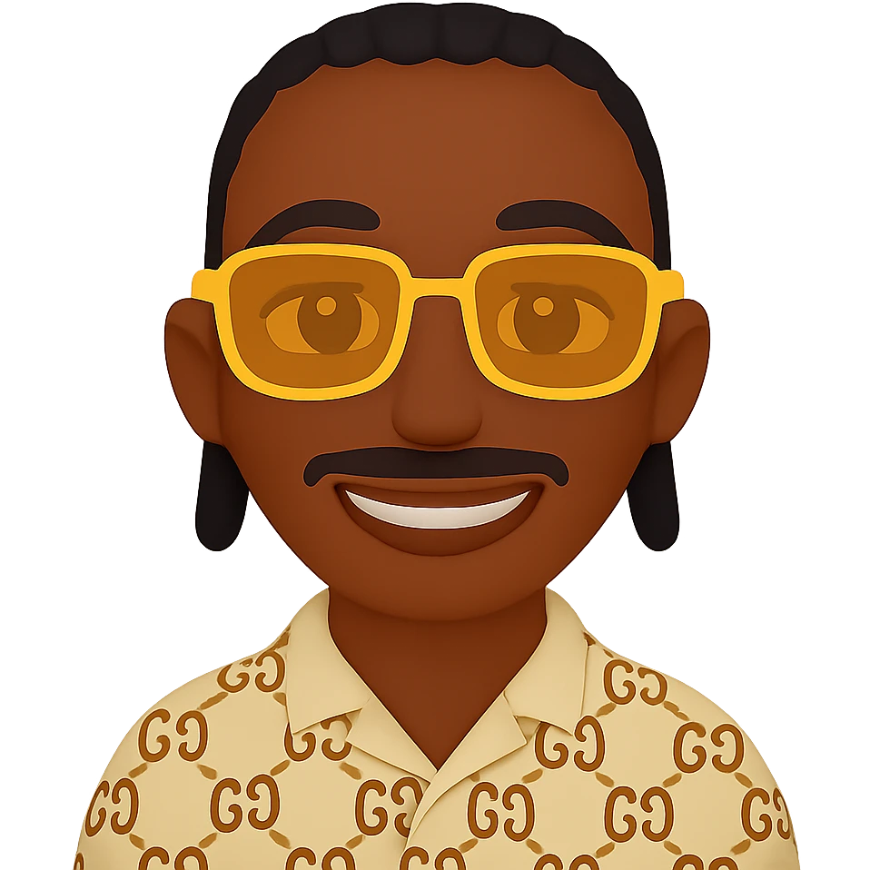 Edit the emoji style smiley with a thinner head shape, beard only on the chin and a small mustache under the nose (no beard on the cheeks), dark skin tone, small black braids, rectangular golden sunglasses, beige top with GG pattern and visible collar, transparent background. emoji
