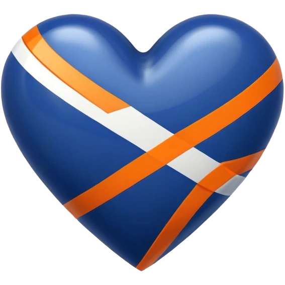 Glossy, sporty dark blue heart with diagonal white and orange athletic stripes going down one side emoji