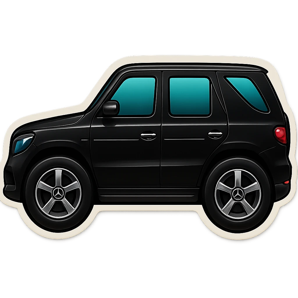 Create a black Mercedes GLE SUV in the exact same retro stickers emoji style as the provided black SUV emoji, with glossy black paint, blue-tinted windows, and similar proportions and details. No background. emoji