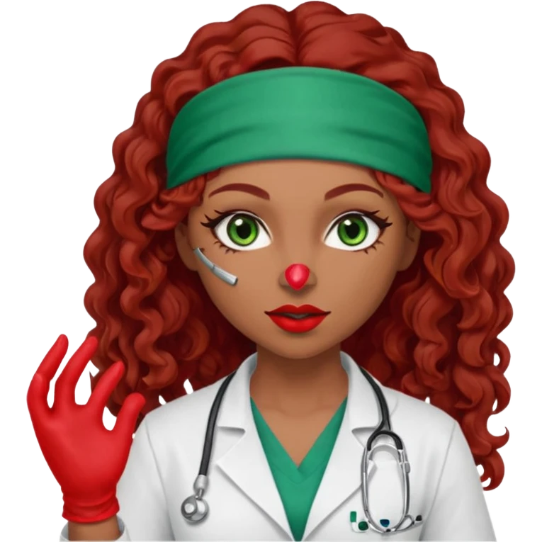 Lilith scalpel in hand, evil surgeon sexy surgeon clothes.  She has green  eyes. She brown long curly hair. Wears sexy doctor outfit with red gloves.hair is free and brown  Wears red bandana to hide  her mouth and nose emoji