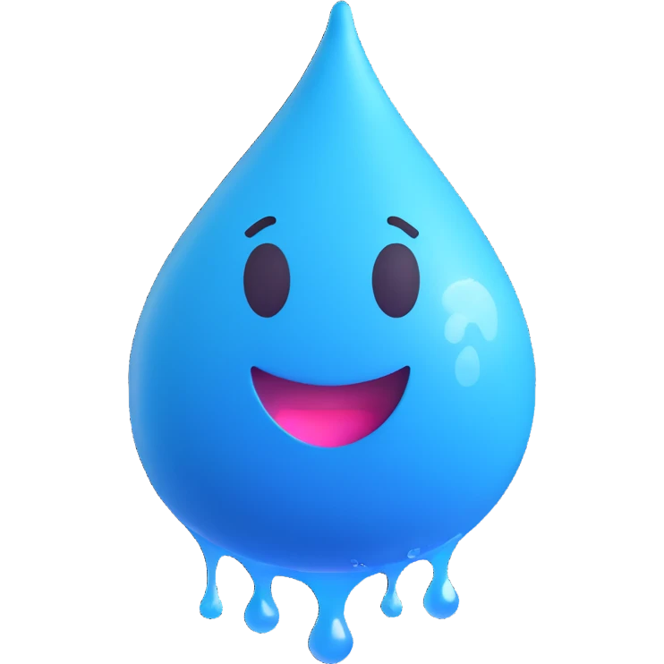 stylized blue sweat droplet with exaggerated splash effects, rendered in 3D emoji style emoji