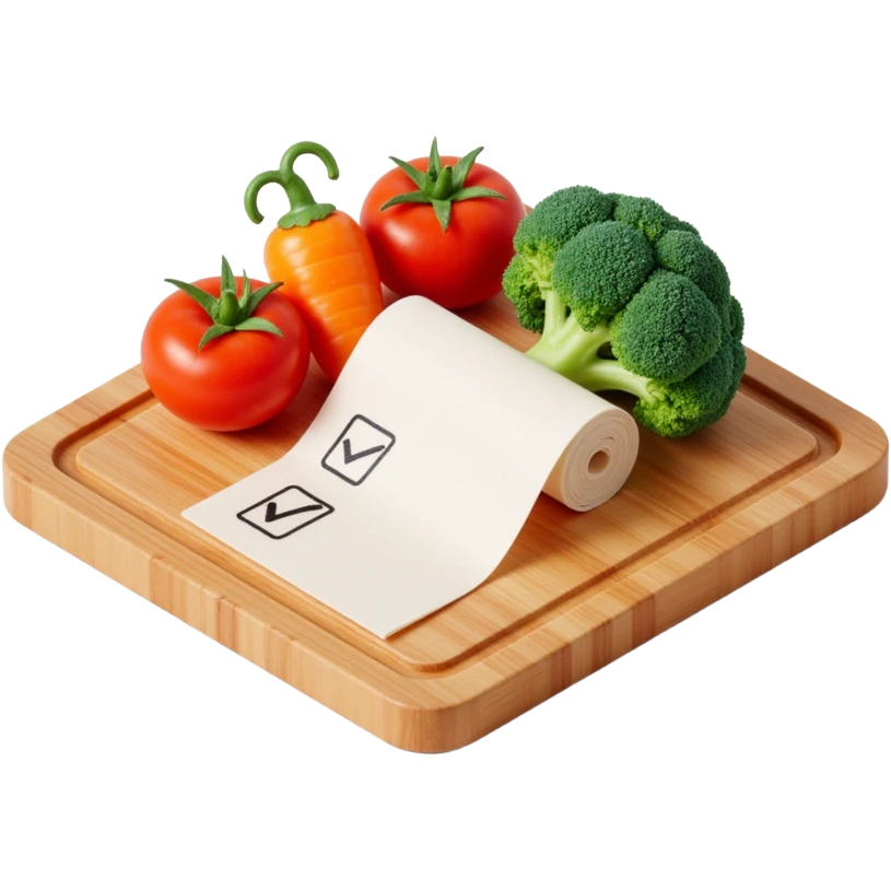 carrot tomato brocoli on the wooden cutting board with floating rolled paper list with checkbox emoji