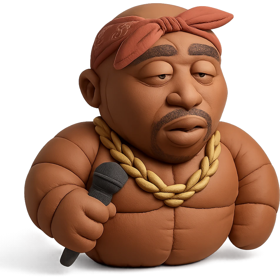2Pac with microphone, gold chain, and bandana emoji