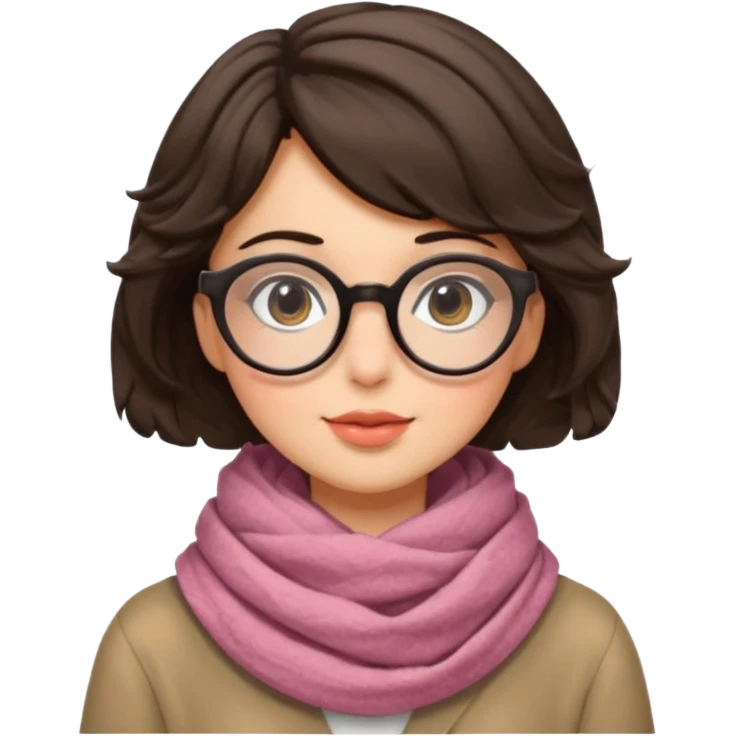A shy brunette hair wavy short hair woman with big round glasses and thick scarf, blushing from the cold. emoji