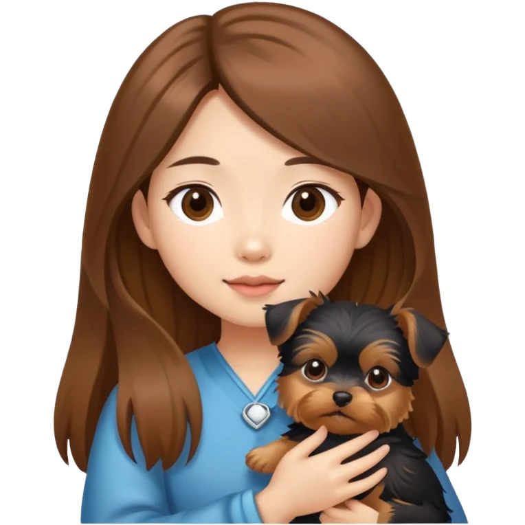 A fair-skinned Asian girl with center-parted long brown hair holding a Yorkie puppy emoji