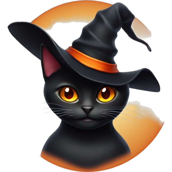 black cat with orange eyes and a black and red witch’s hat emoji