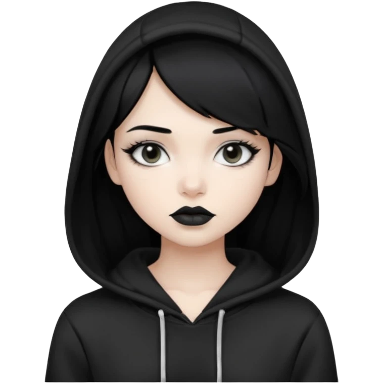 Black haired girl, silver eyes, black lipstick, white skin, black hoodie emoji
