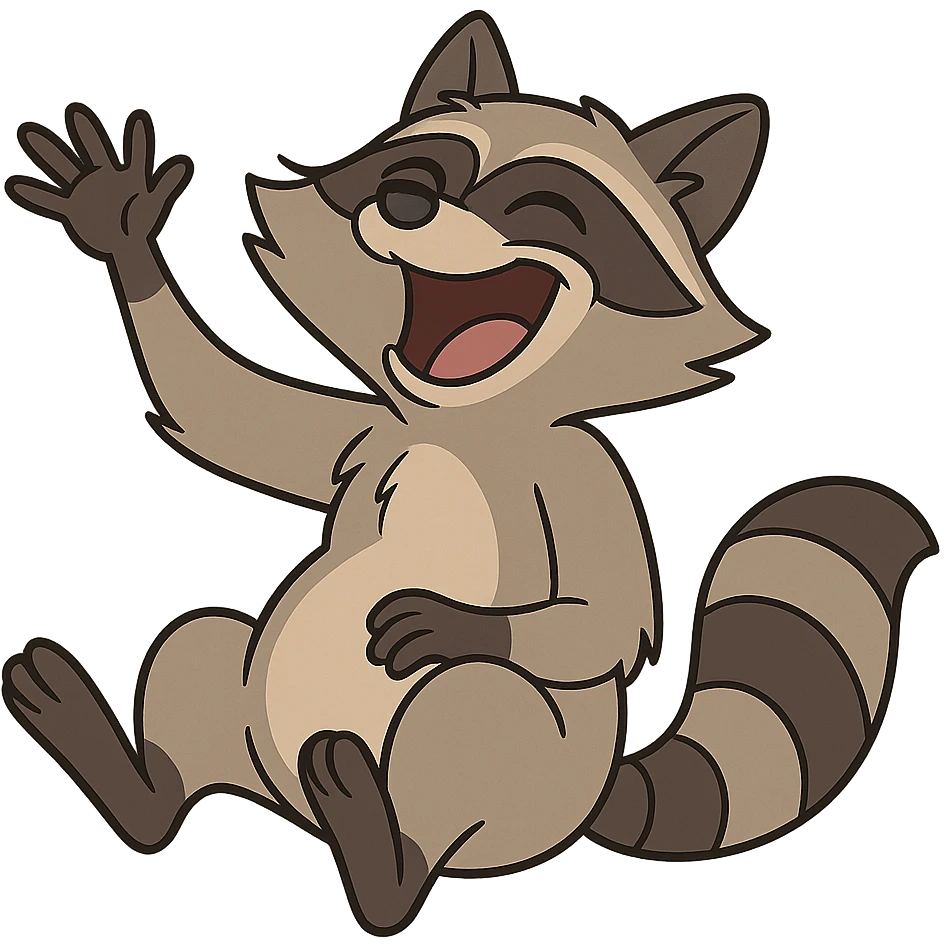 raccoon, sitting, laughing with head thrown back, waving emoji