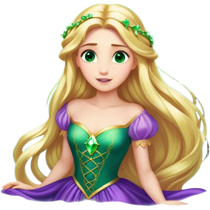 Cinematic Stunning Rapunzel Portrait Emoji, Golden hair cascading in a luminous waterfall, big emerald-green eyes full of wonder, wearing her iconic purple gown, radiating beauty and magic, glowing with fairy-tale charm! emoji