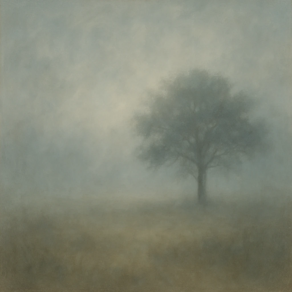 A foggy landscape with a lone tree standing in a field, foggy style. emoji