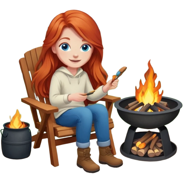 Happy redhead with long hair and blue eyes in chair beside fire pit in backyard emoji