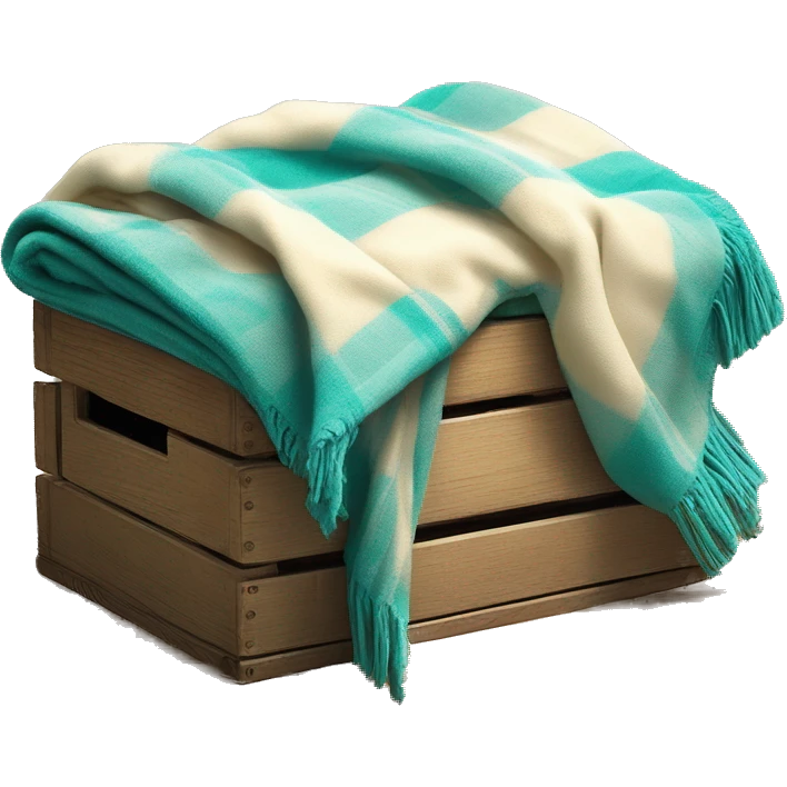 Realistic isolated teal and cream color plaid blanket draped across wooden crate box with matching book on top of blanket. emoji