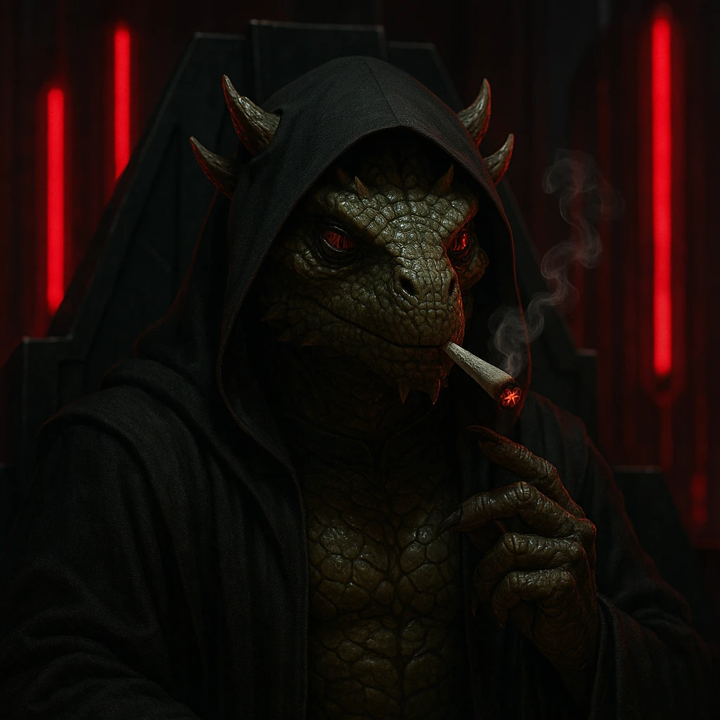 a sith lord with a reptilian face, smoking a joint, scales and horns, dark throne room, glowing red lights emoji