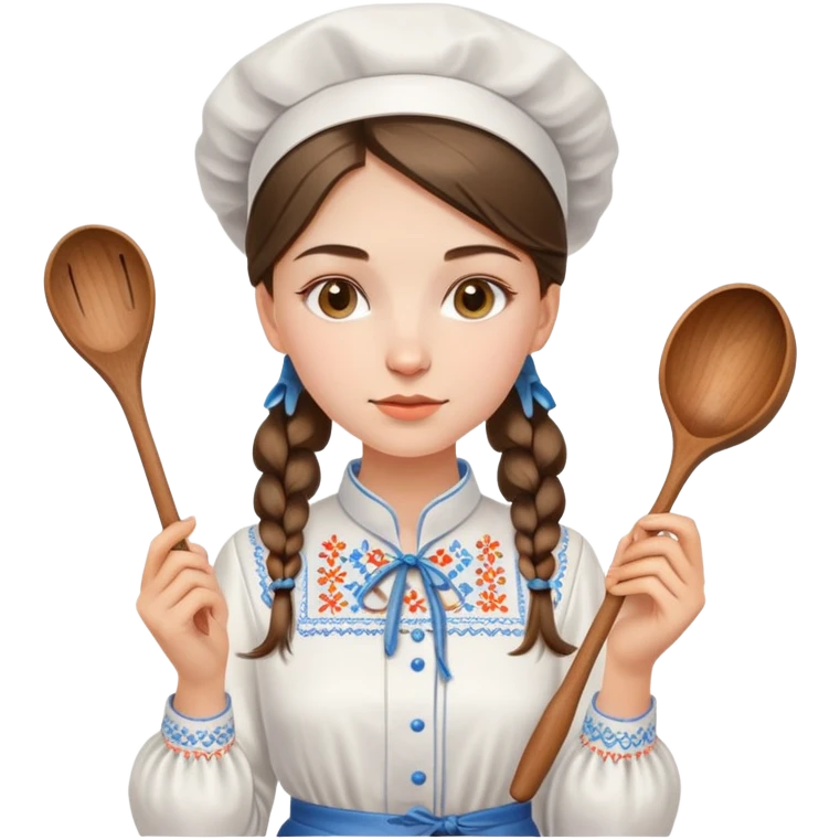 Ukrainian young girl in a white embroidered traditional shirt holding cooking tools like spoon and ladle emoji