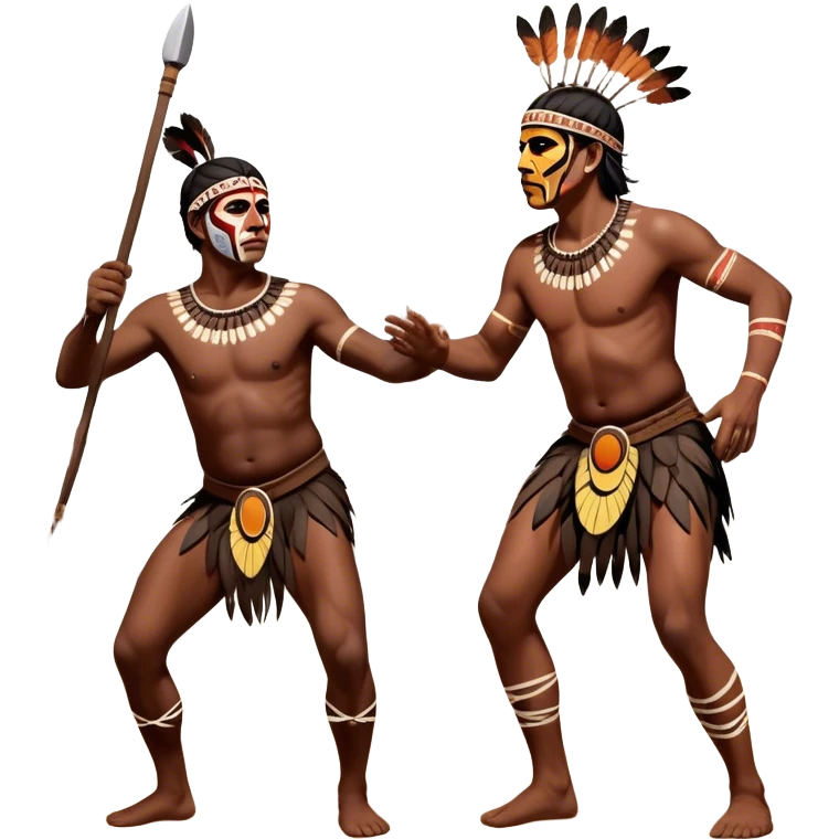 Cinematic Realistic scene of two indigenous male aboriginals performing an Aboriginal Corroboree, adorned in traditional body paint, A corroboree is an Australian Aboriginal ceremonial meeting. It usually includes celebration of Aboriginal mythology and spirituality, which is based in the Dreaming emoji