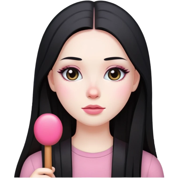 kid witch is a girl with long strait black hair pale skin and casual makeup with pink ch emoji
