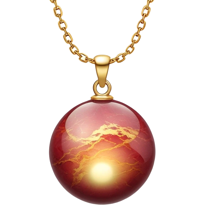 A polished round ball wine granite pendant suspended from a delicate gold chain, like a drop of enchanted starlight, glowing with the warmth of passion and the quiet power of transformation ethereal emoji