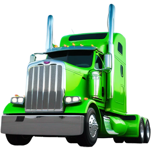 neon green peterbilt semi truck lowered on the ground with large chrome wheels and chrome smoke stacks profile view emoji
