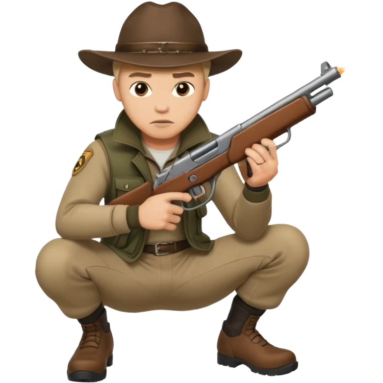 male hunter crouching with gun, alert expression emoji