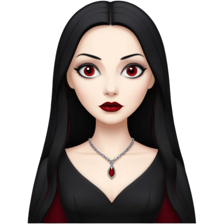 Create a realistic portrait of Morticia Addams with long black hair, elegant black dress & sharp gaze. emoji