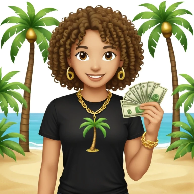 Happy mixed-race person with curly hair in black t-shirt and gold chain, holding money, palm tree beach background emoji