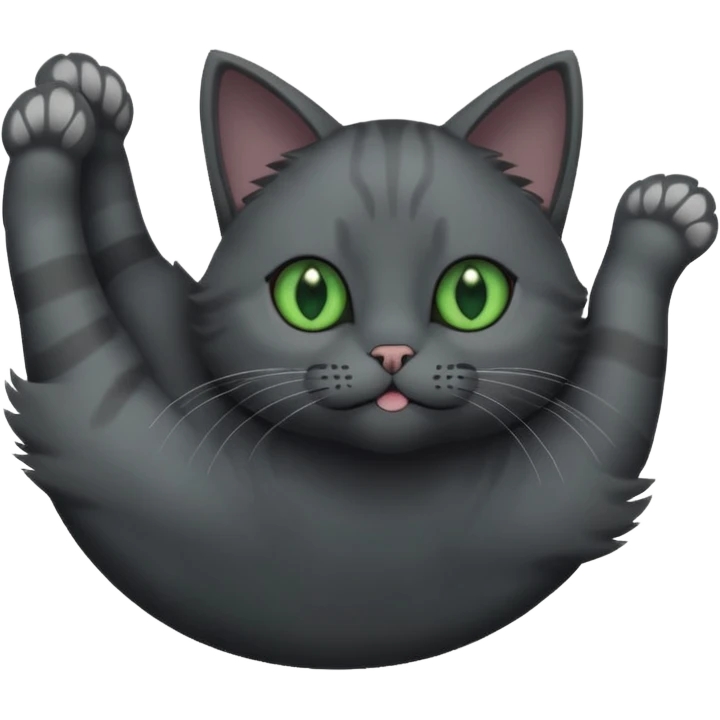 solid dark grey cat with green eyes, completely solid grey face, white toes/paws playing rolling upside down emoji