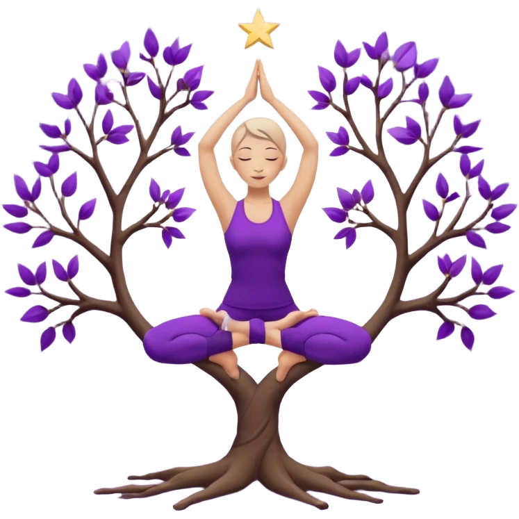 A serene woman wearing purple yoga clothes balancing in tree pose, stars around her, meditative aura. emoji