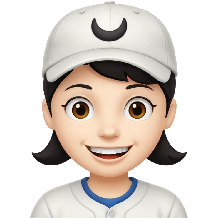 Digital illustration of a cartoon character with a big smile on its face. The character has dark hair and is wearing a white baseball cap. The overall style of the illustration is cute and playful. emoji