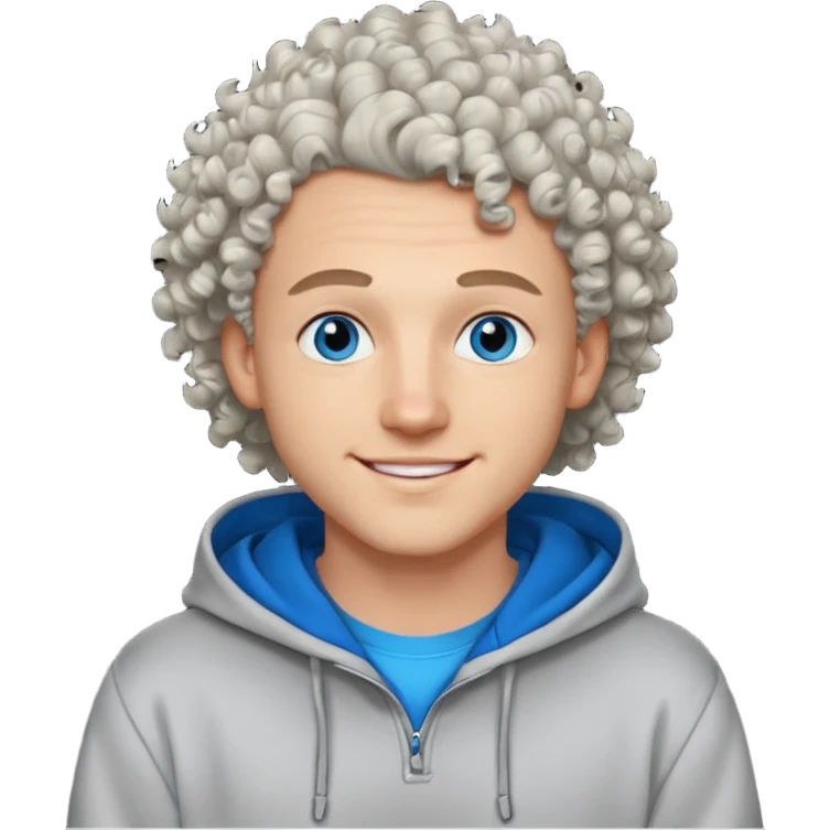 Curly haired on the top with shaved sides, white guy, in a hoodie. Bright blue eyes and a smile. Dark eyesbrowz emoji