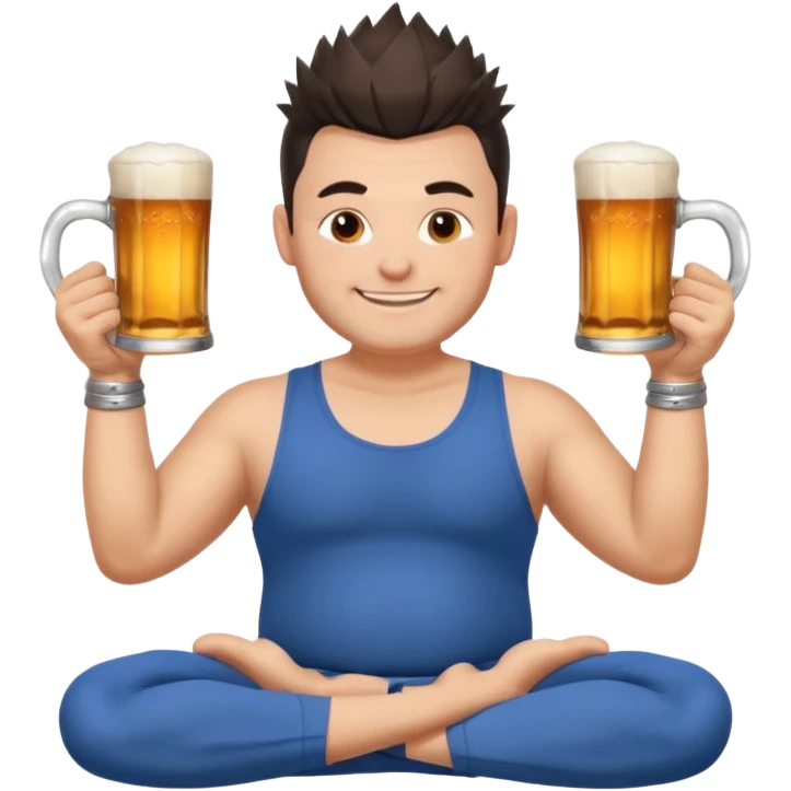 big slavic guy sitting in yoga pose, spiky short dark hair, holding beer mugs in two hands emoji