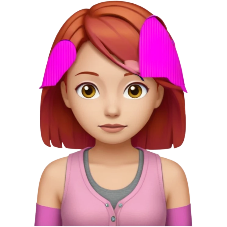 Создай эмодзи девушки с рыжими волосами и стрижкой химэ-кат, серыми глазами. На ней розовая майка и коричневая кофта emoji