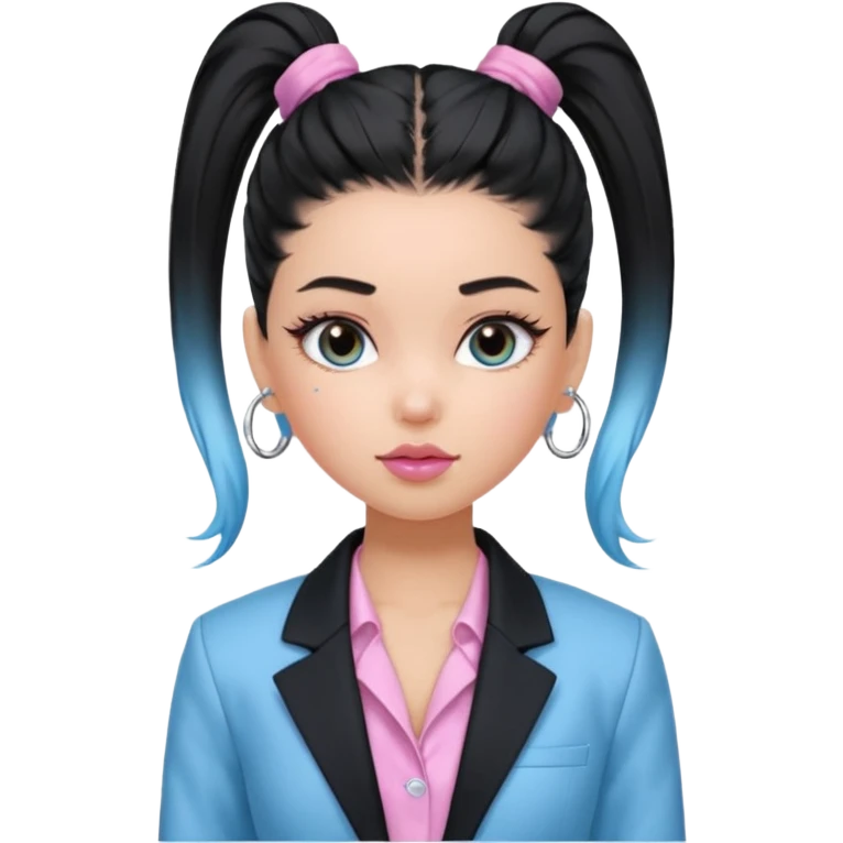generate a pretty bratz girl wearing a light blue full sleeve shirt, silver small hoops, pink lipgloss, black blazer, hair tied up in a ponytail (black hair) emoji