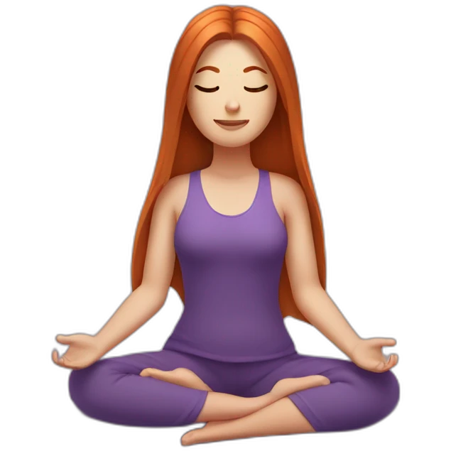redhead white woman long medium straight hair, meditating on a violet blanket emoji