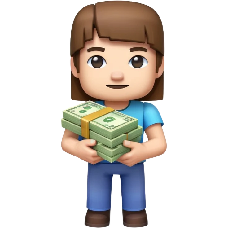 emoji style icon, minecraft blocky character holding a stack of money, pixel art style, bright colors, simple background, 3D glossy emoji, centered composition, soft shadow, high detail, clean outline, white background emoji