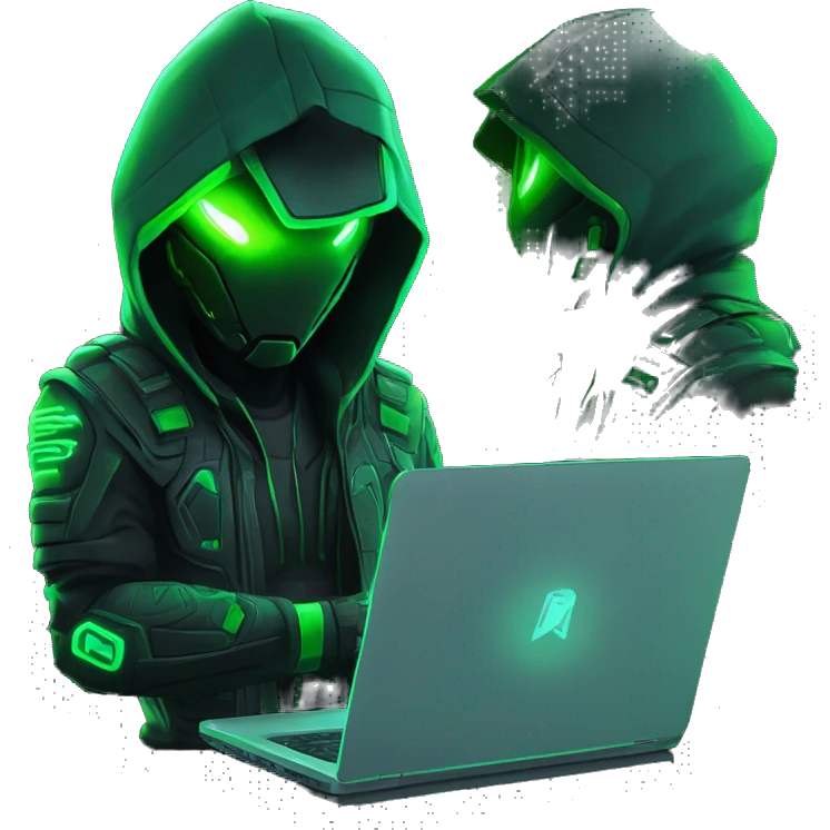 Side view developer behind his laptop with this style : crysis Cyberpunk Valorant neon glowing bright green character green black hooded assassin themed character emoji