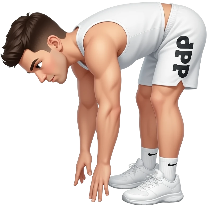 guy-in--white shorts --white-tank top-and-shorts-standing-up,-bending-down-to-touching-toes-(stretching-down-by-touching his toes while both feet are together-not-split-apart-with "UPP"_-written-on-his-shorts in black. white gym shoes emoji