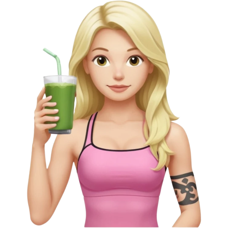 long haired blonde pilates instructor in pink drinking matcha in cute set with no straps and tattooed emoji