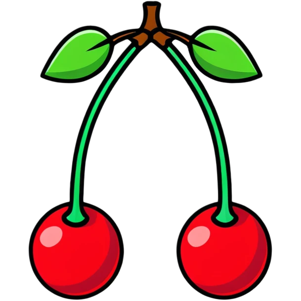 Two bright ruby red cherries connected by a green stem emoji