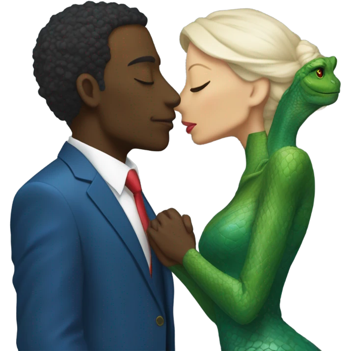 Beatiful tall green skin female reptilian in red dress, kissing white man in blue dress, full figure, full body emoji