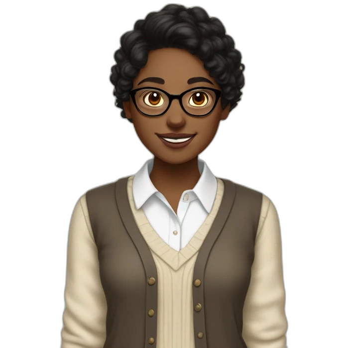 smiling dark skin indian teenage girl with black curly hair and glasses wearing a collared long sleeve white shirt under a beige v shaped collar sweatervest with no buttons emoji
