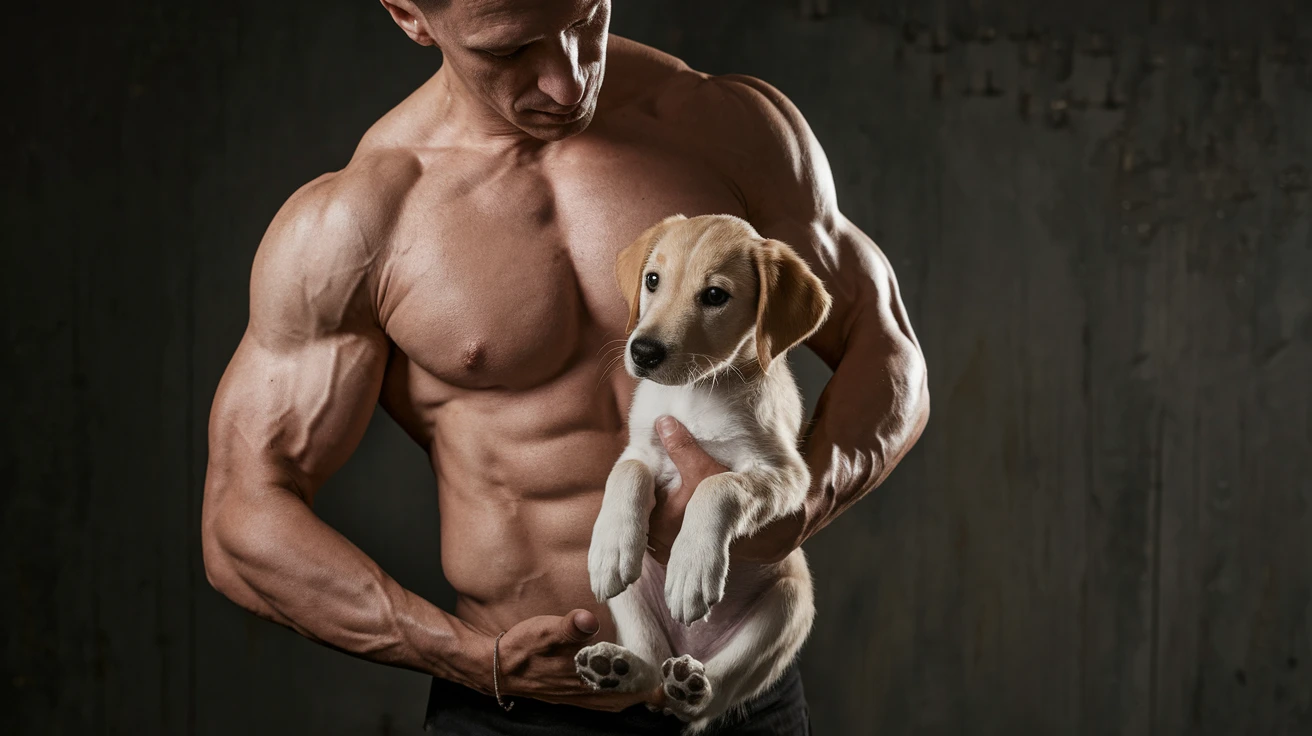 Photo of a musculated man holding puppy golden retriver, low key light emoji