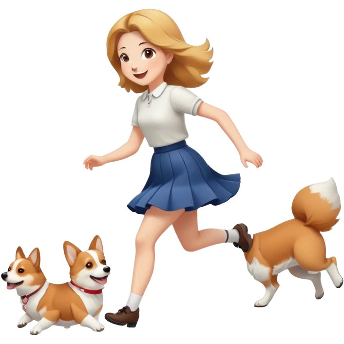 A beautiful girl with fair skin happily chases a corgi in a skirt emoji
