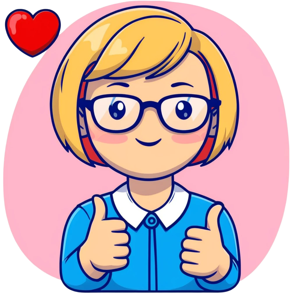 cute cartoon female psychologist with short blonde bob, red-rimmed glasses, pink red yellow palette, giving supportive thumbs up, surrounded by hearts emoji