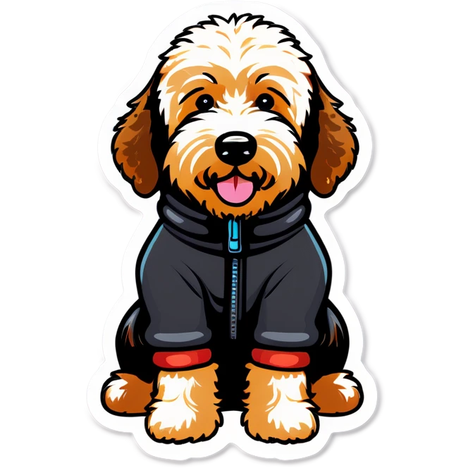 Black Golden doodle wearing snow suit emoji